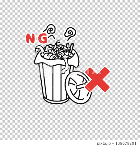 Closing the trash can lid is a hygiene rule (illustration) and a way to prevent food poisoning. 138679201