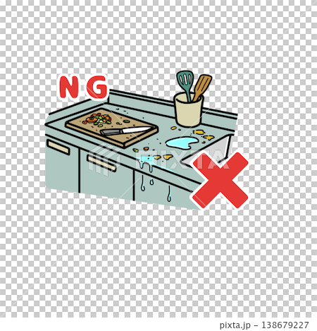 Cleaning the cooking counter is not allowed. (Hygiene management: Dirty work surface. Food poisoning prevention. Illustration) Cleaning the cooking counter is not allowed. (Hygiene management: Dirty work surface. Food poisoning prevention. Illustration) 138679227
