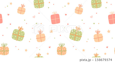 Seamless pattern with cute gift box in pastel colors. Party vector background for children celebrations 138679374