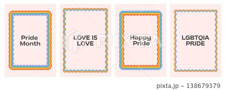 LGBTQ pride month poster set with groovy rainbow wavy frames. Retro aesthetic vertical banners with Love is Love and Happy Pride slogans for social media or events. Vector illustration. LGBTQ pride month poster set with groovy rainbow wavy frames. Retro aesthetic vertical banners with Love is Love and Happy Pride slogans for social media or events. Vector illustration. 138679379