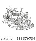 Hand-drawn graphic detailed illustration of jar of fresh honey, honeycombs, dipper and vanilla flowers for packaging or cosmetics 138679736