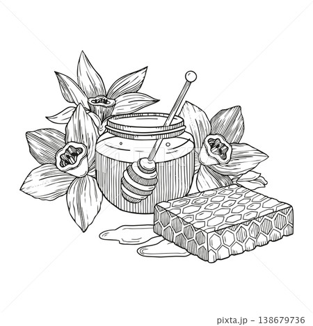 Hand-drawn graphic detailed illustration of jar of fresh honey, honeycombs, dipper and vanilla flowers for packaging or cosmetics 138679736