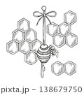 Hand-drawn graphic illustration, ready to use composition with honeycombs, honey dipper, bee for ingredients, product design 138679750