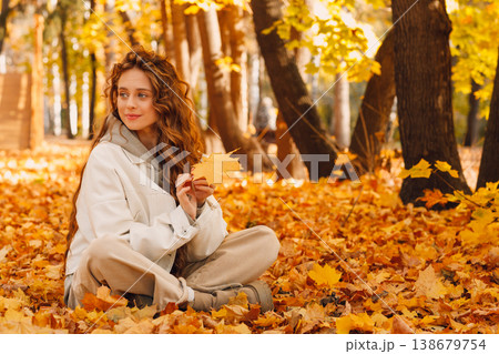 Smiling young woman sits in the autumn foliage on the ground of the forest with the yellow leaves 138679754