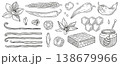 Hand-drawn graphic food ingredients illustration of honey and honeycombs, vanilla flowers and pods, hot chili pepper for packaging 138679966