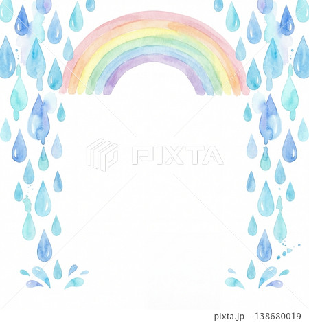 雨と虹のフレーム 水彩しずく飾り枠 138680019