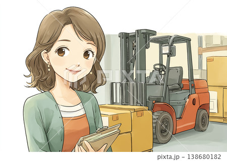 働く女性シリーズ：フォークリフト前で確認する女性スタッフ 138680182