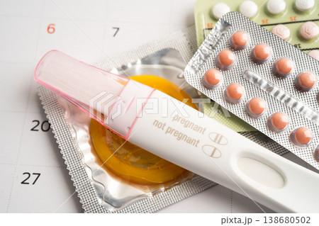 Pregnancy test and birth control pills on calendar, contraception health and medicine. 138680502