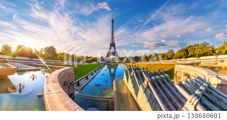 Trocadero Gardens Fountain and Eiffel Tower, beautiful sunset view of Paris, France 138680601