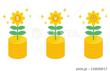 お金の花のイラストセット。資産形成が成功するイメージ。 お金の花のイラストセット。資産形成が成功するイメージ。 138680617