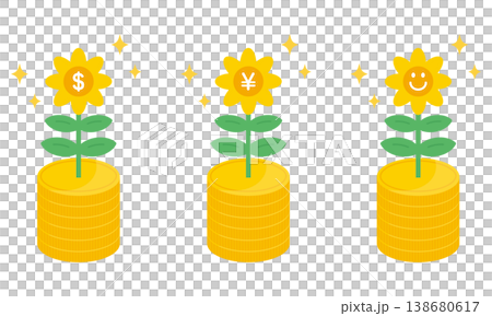 お金の花のイラストセット。資産形成が成功するイメージ。 お金の花のイラストセット。資産形成が成功するイメージ。 138680617