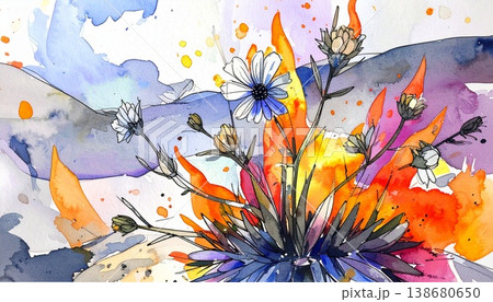 watercolor painting of leaf and flowers 138680650