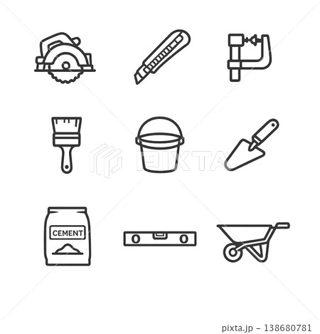 建設・左官・塗装工具のミニマル線画アイコンセット 138680781