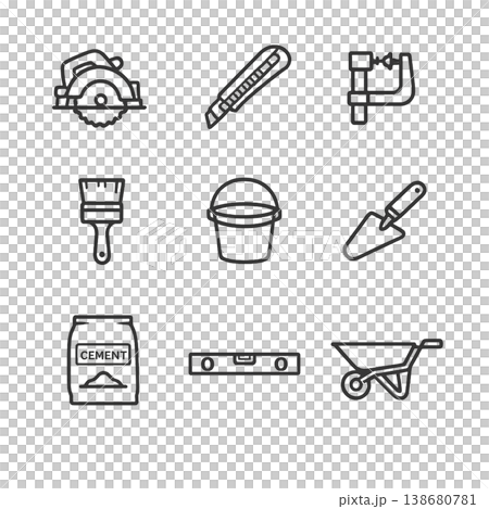 建設・左官・塗装工具のミニマル線画アイコンセット 138680781