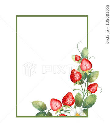 Rectangular green frame decorated with ripe red strawberries, green leaves and white flowers. Elegant botanical border suitable for kitchen decor, summer wedding invitations or recipe cards. Hand Rectangular green frame decorated with ripe red strawberries, green leaves and white flowers. Elegant botanical border suitable for kitchen decor, summer wedding invitations or recipe cards. Hand 138681058