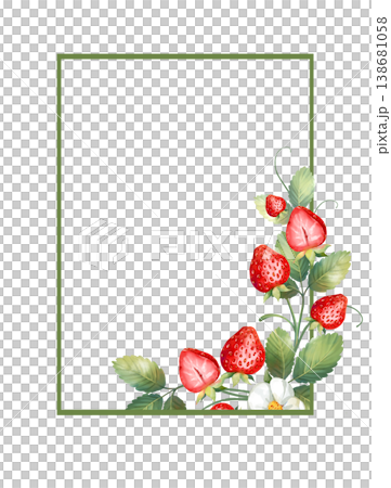 Rectangular green frame decorated with ripe red strawberries, green leaves and white flowers. Elegant botanical border suitable for kitchen decor, summer wedding invitations or recipe cards. Hand Rectangular green frame decorated with ripe red strawberries, green leaves and white flowers. Elegant botanical border suitable for kitchen decor, summer wedding invitations or recipe cards. Hand 138681058
