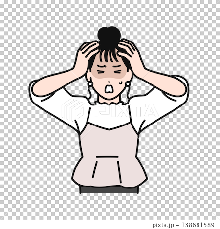 A simple vector illustration of a young woman with her hair tied up, holding her head in her hands in worry. A simple vector illustration of a young woman with her hair tied up, holding her head in her hands in worry. 138681589