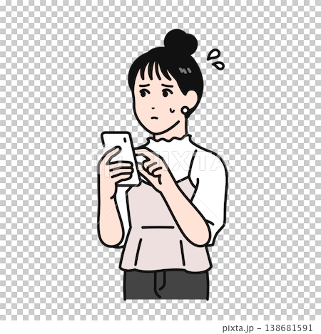 一幅簡單的向量插圖,描繪了一位頭髮紮起來的年輕女子,她神情憂慮地使用著智慧型手機。 一幅簡單的向量插圖,描繪了一位頭髮紮起來的年輕女子,她神情憂慮地使用著智慧型手機。 138681591