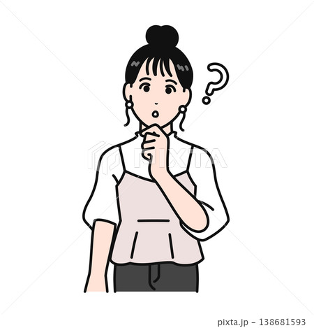 疑問符を浮かべて首を傾げるまとめ髪の若い女性のシンプルなベクターイラスト素材 138681593