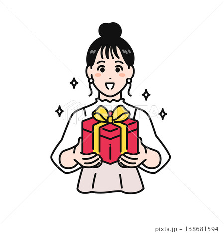 プレゼントを貰うまとめ髪の若い女性のシンプルなベクターイラスト素材 138681594