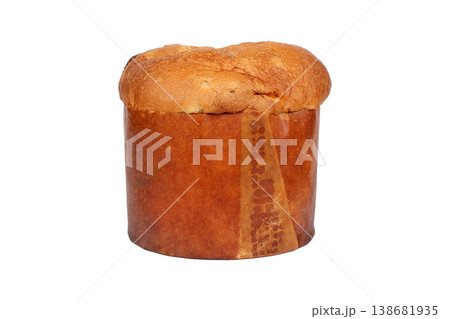 Traditional Christmas panettone, whole and filled with candied fruit and raisins, set against a white background. A classic sweet bread from Italian cuisine. Traditional Christmas panettone, whole and filled with candied fruit and raisins, set against a white background. A classic sweet bread from Italian cuisine. 138681935