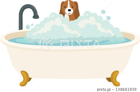 cute dog bathing in bathtub with foam bubbles pet care and grooming cute dog bathing in bathtub with foam bubbles pet care and grooming 138681939
