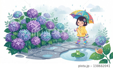 梅雨・紫陽花・雨の季節かわいいイラスト 138682041