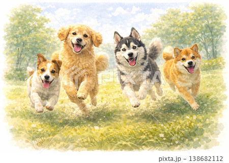犬シリーズ：駆け抜ける犬の群れの躍動感 138682112