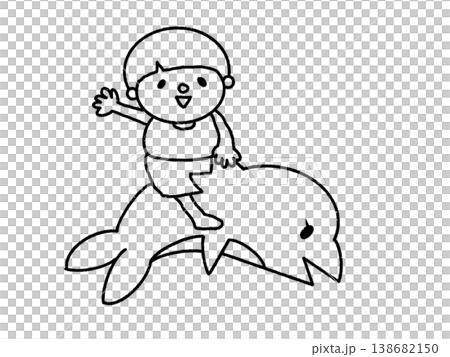 サマーバケーション、イルカに乗ったカッコいい男の子の線画 サマーバケーション、イルカに乗ったカッコいい男の子の線画 138682150