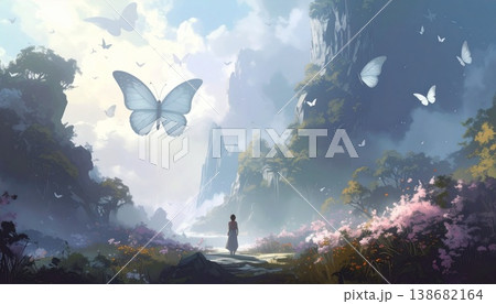butterfly flying on a fish in the aquarium 138682164