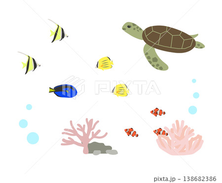 海の中で泳ぐ魚とウミガメ 138682386