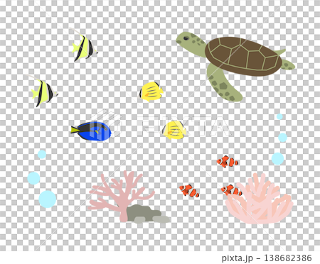 Fish and sea turtles swimming in the ocean Fish and sea turtles swimming in the ocean 138682386