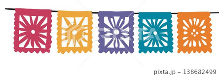 Papel Picado Banner Garland. Colorful Mexican Fiesta Flags. Traditional Decorative Bunting for Cinco de Mayo, Day of the Dead, Dia de Muertos. Sao Joao Arraia. Flat Vector Illustration Isolated 138682499