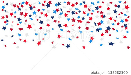 Falling blue red white star shaped confetti isolated on background. 4th July Independence day party decor, invitation, vector web banner in Usa, Czech Russia flag colors. Top view, flat lay copy space 138682500