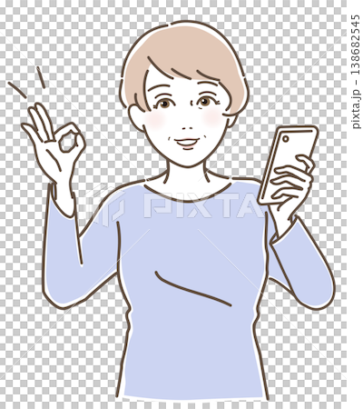 スマホを持ちOKサインを送る笑顔の中高年女性（40代・50代・60代・シニア） 138682545
