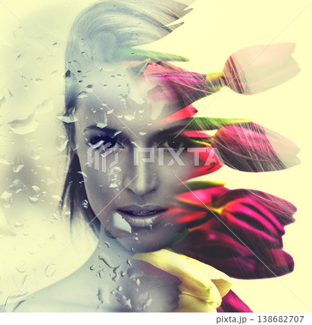 Woman, portrait or flowers for beauty double exposure, creative make-up or environmental art deco. Female person, face or bloom tulips or artistic rain for summer, wellness look or abstract cosmetics 138682707