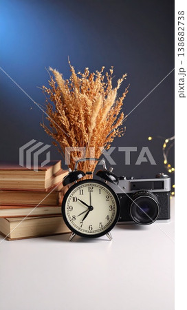 books and alarm clock on blue background books and alarm clock on blue background 138682738