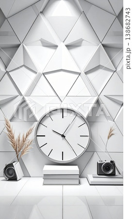 set of vintage alarm clock and stacks of white 138682743