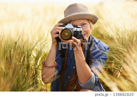Field, photographer and woman with a camera, portrait with nature, travel and memory with sunshine. Person, countryside or face with photography, outdoor and journey with adventure, picture or summer Field, photographer and woman with a camera, portrait with nature, travel and memory with sunshine. Person, countryside or face with photography, outdoor and journey with adventure, picture or summer 138682820