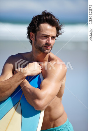 Beach surfboard, sports man and thinking of ocean freedom, sea waves or Argentina surf training holiday. Summer break, sunshine or relax surfer looking at nature view, seashore or surfing destination 138682873