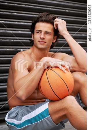 Basketball, sports man and thinking of training workout, exercise and planning practice ideas for cardio development. Player, athlete and person relax for game, match or challenge plan on floor Basketball, sports man and thinking of training workout, exercise and planning practice ideas for cardio development. Player, athlete and person relax for game, match or challenge plan on floor 138683068