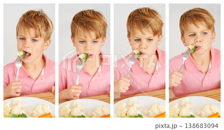 Food, wellness and child eating vegetables for a healthy, growth and health diet at his home. Nutrition, dinner and boy kid by a dining table with produce lunch, snack or meal at his modern house. Food, wellness and child eating vegetables for a healthy, growth and health diet at his home. Nutrition, dinner and boy kid by a dining table with produce lunch, snack or meal at his modern house. 138683094
