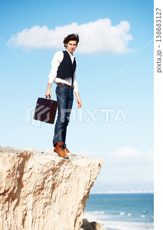 Freedom, cliff and portrait of business man by ocean for idea, opportunity and career in nature. Professional, mockup and corporate worker on rocks edge for work challenge, thinking and future Freedom, cliff and portrait of business man by ocean for idea, opportunity and career in nature. Professional, mockup and corporate worker on rocks edge for work challenge, thinking and future 138683127