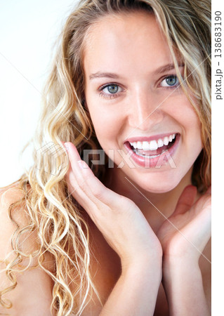Portrait, hands and natural beauty of woman for dermatology or cosmetic. Face, happy blonde girl and skincare of person excited for aesthetic, facial glow or skin health, wellness and spa treatment Portrait, hands and natural beauty of woman for dermatology or cosmetic. Face, happy blonde girl and skincare of person excited for aesthetic, facial glow or skin health, wellness and spa treatment 138683190