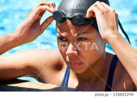 Serious, face and woman swimming with goggles for challenge, underwater sports and training. Swimmer, pool and thinking of performance, exercise or action in sunshine for contest, competition or race Serious, face and woman swimming with goggles for challenge, underwater sports and training. Swimmer, pool and thinking of performance, exercise or action in sunshine for contest, competition or race 138683240