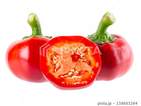 Sweet round peppers isolated on white background. Ripe round red paprika. Clipping path. 138683264
