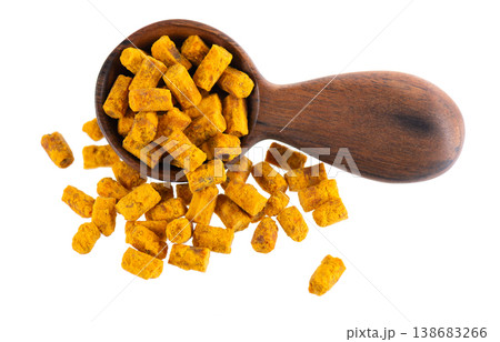 Bee bread isolated on white background. Pile of granules bee bread or perga in wooden spoon. Clipping path. 138683266
