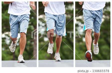 Running, man and training for fitness, road and outdoor exercise to exercise for marathon. Male person, collage and performance challenge in street, growth and development in health with sportswear 138683378