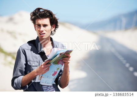 Lost, man and reading a map on a road trip, journey or planning travel on a highway. Check, location and confused person with paper maps, destination and search for direction to city in countryside Lost, man and reading a map on a road trip, journey or planning travel on a highway. Check, location and confused person with paper maps, destination and search for direction to city in countryside 138683514