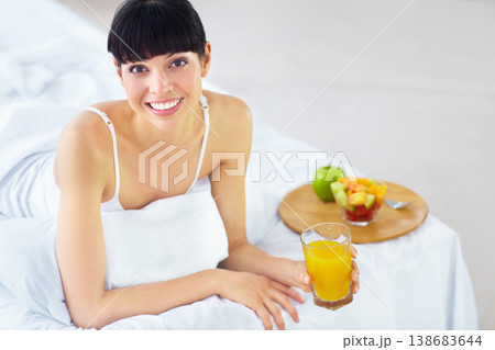 Woman, portrait and juice for breakfast in bed with glass drink, fresh beverage or morning hydration liquid. Organic fruits, healthy lifestyle or happy person thirsty, smile and relax in home bedroom Woman, portrait and juice for breakfast in bed with glass drink, fresh beverage or morning hydration liquid. Organic fruits, healthy lifestyle or happy person thirsty, smile and relax in home bedroom 138683644